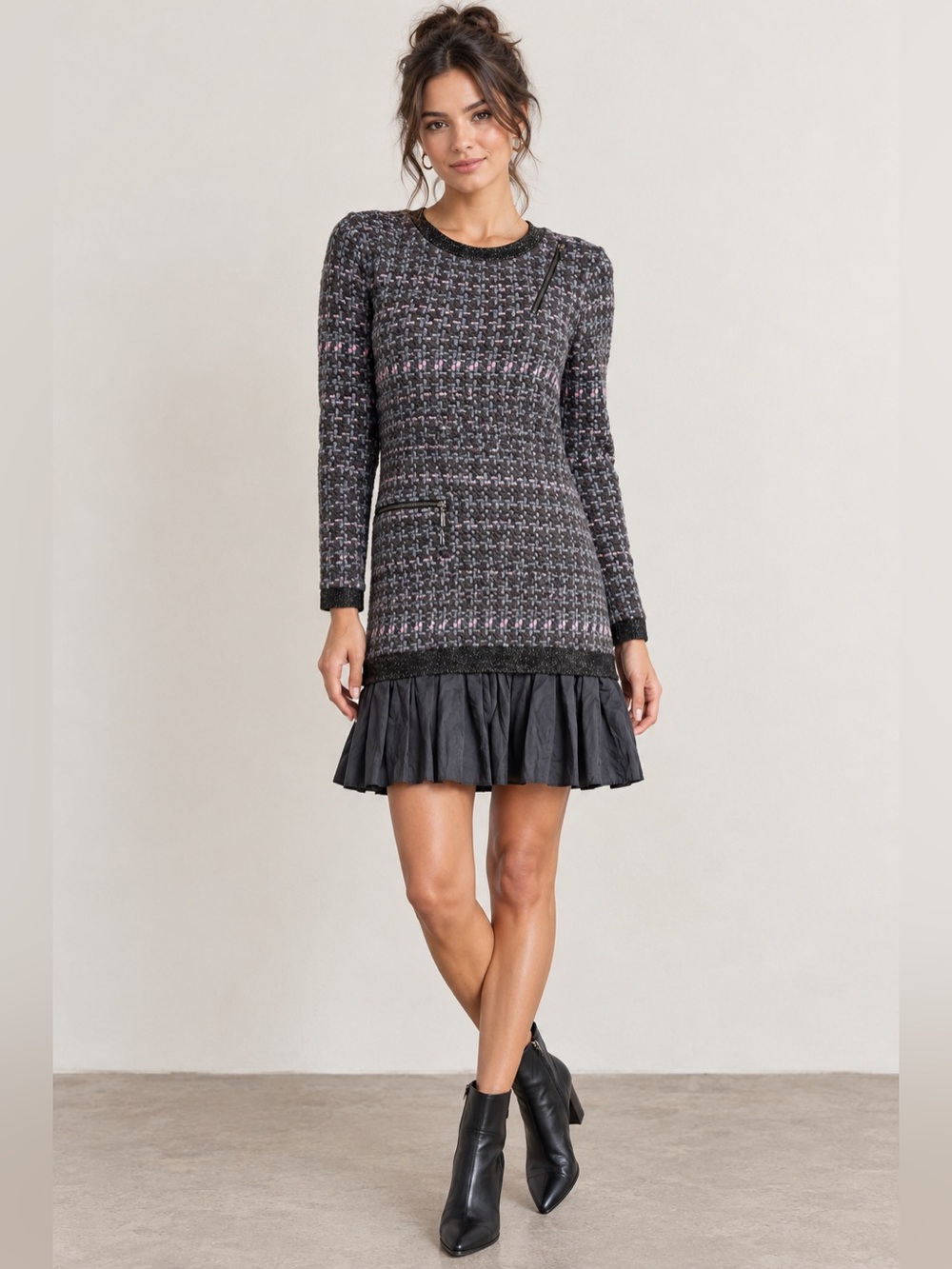 Nicole Miller Artelier Textured Sweater Dress Size Small | Gray Black Pink Ruffl